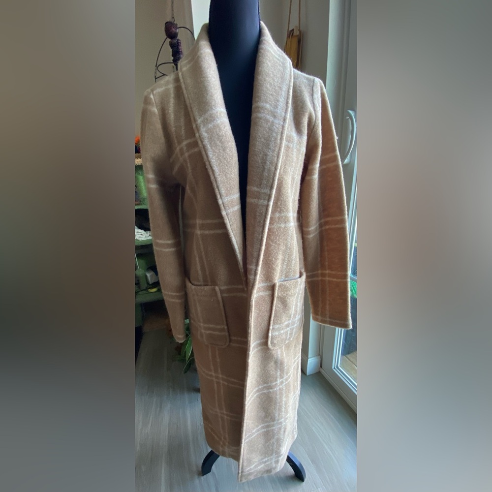 Rachel Zoe Chic Plaid Lightweight Wool Camel Midi Coat